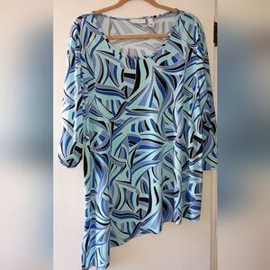 Susan Graver Abstract Blue and Black Liquid Knit Blouse